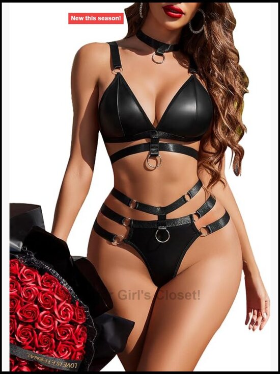 Other - 3-Piece O-Ring Linked Push Up Choker Lingerie Set